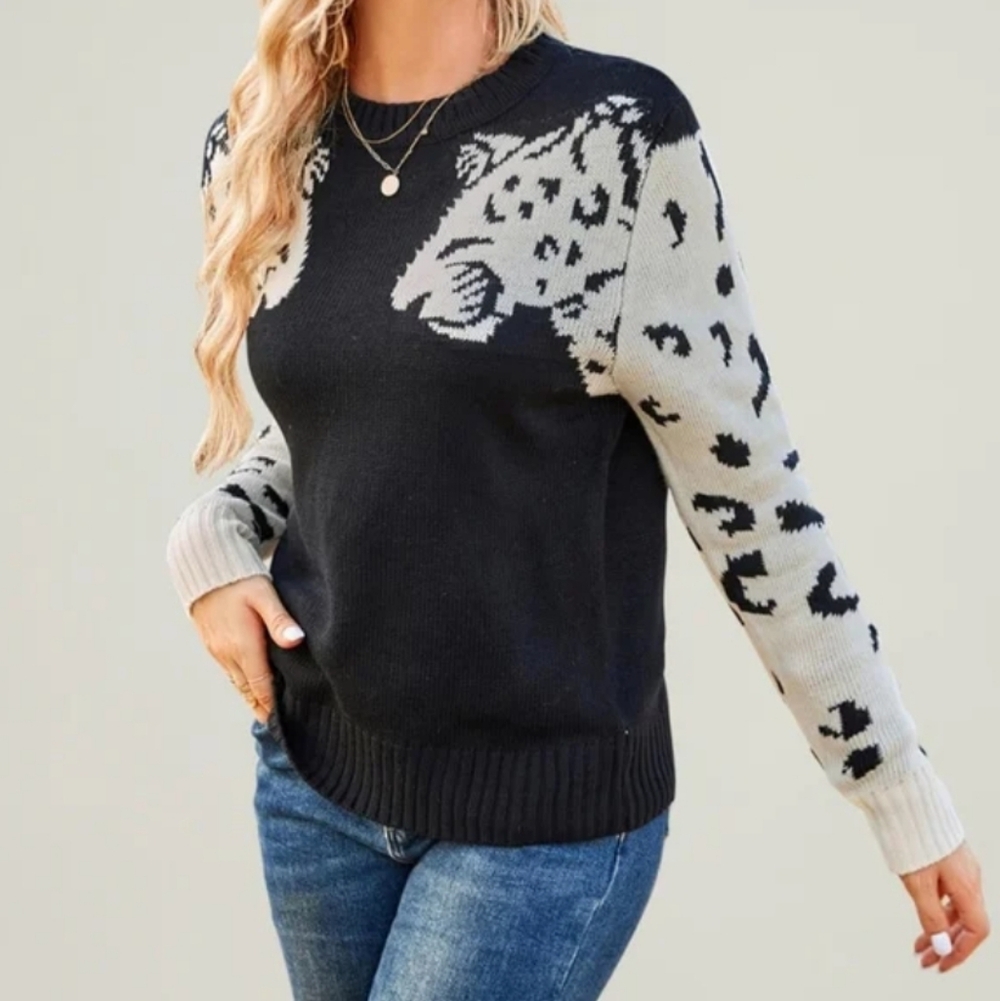 Angashion Cheetah Sweater Cotton Women's Small Black & Tan